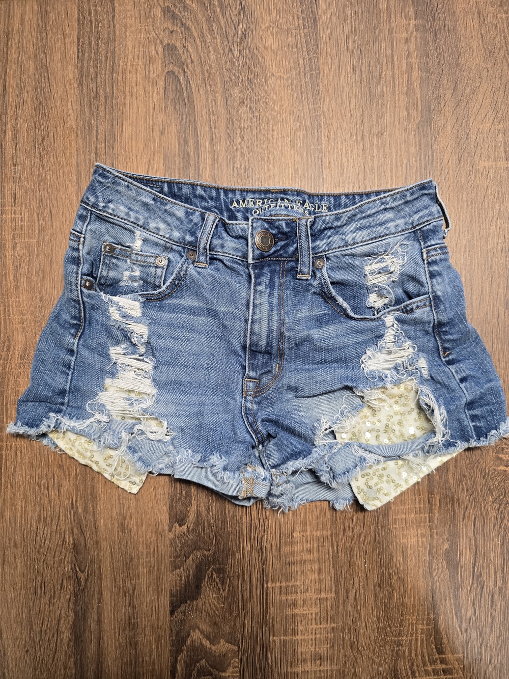 American Eagle Hi-Rise Festival Denim Shorts Size 4 Distressed Sequin Cutoff